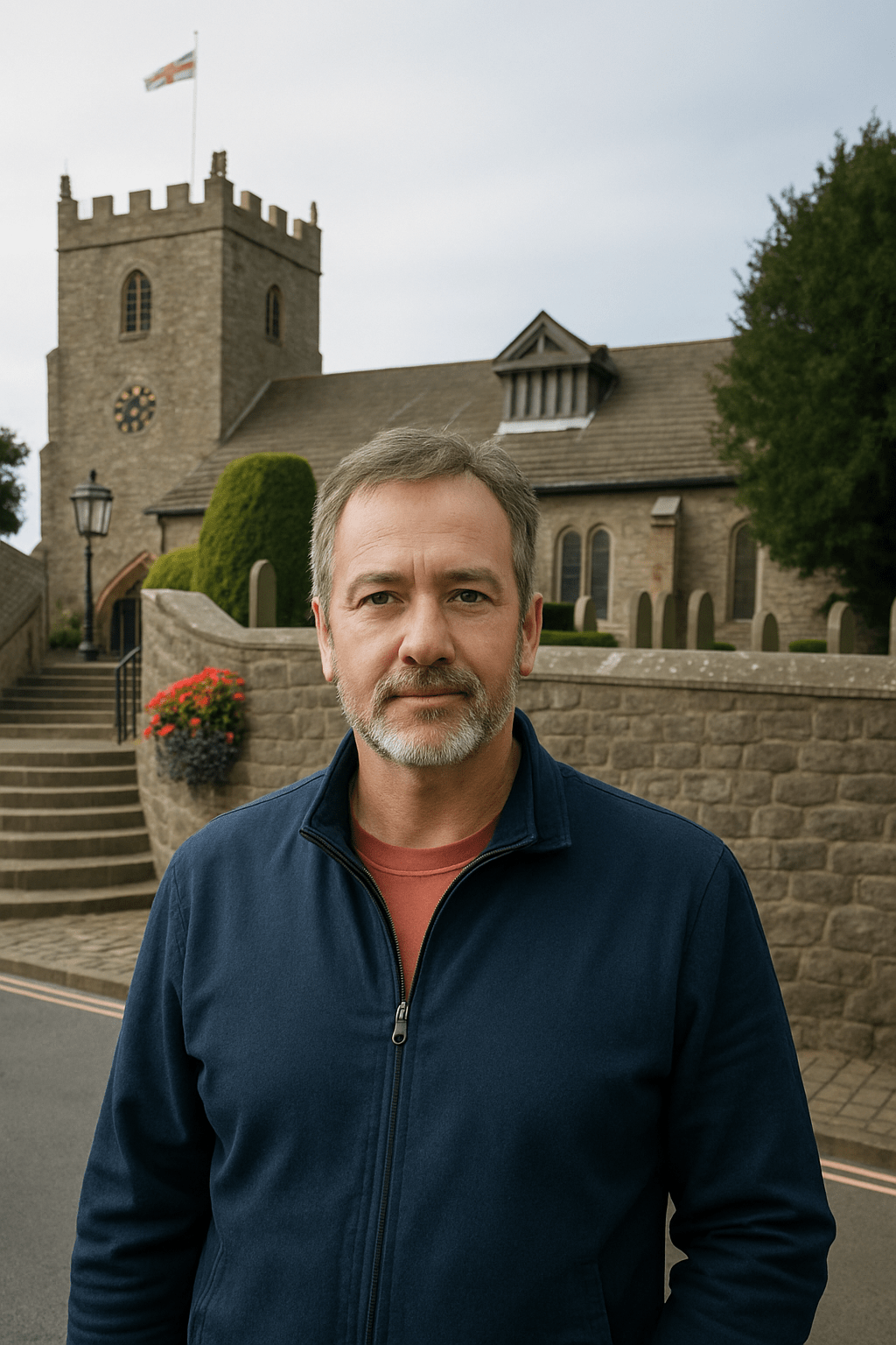 Happy family history client in front of church where his ancestors were married