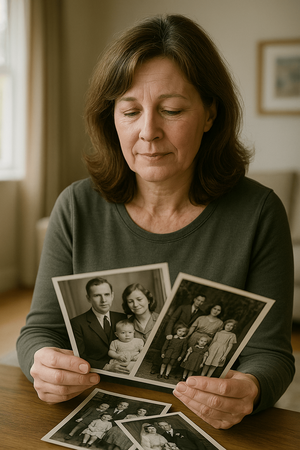 Happy DNA client looking at family photos